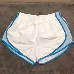 NIKE DRI-FIT blue and white running shorts